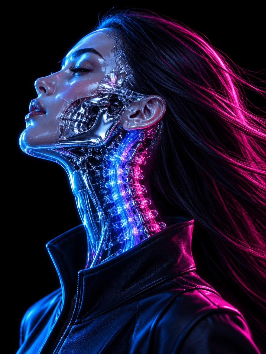 A cyborg woman in profile, lit by blue and magenta neon